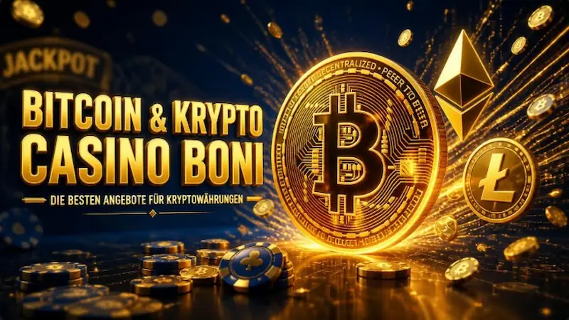 Exklusive Bitcoin und Krypto Casino Boni – Große goldene Bitcoin-Münze mit leuchtenden Ethereum und Litecoin Symbolen.