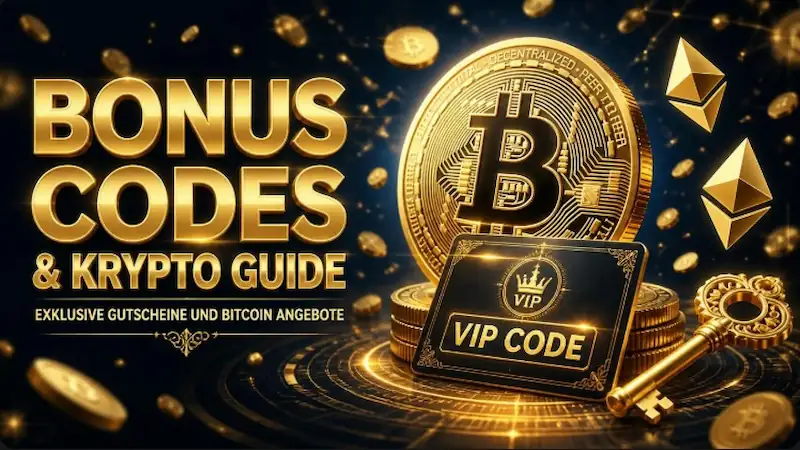 Übersicht für Bonus Codes und Krypto Casinos – Große goldene Bitcoin-Münze und VIP-Karte auf dunkelblauem Hintergrund.