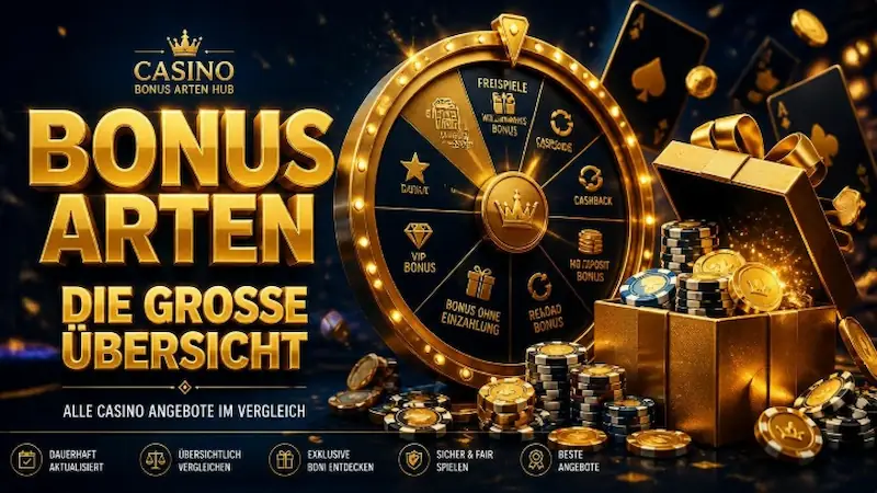 Die große Übersicht aller Casino Bonus Arten – Goldenes Glücksrad und Geschenkbox mit Chips auf dunkelblauem Hintergrund.