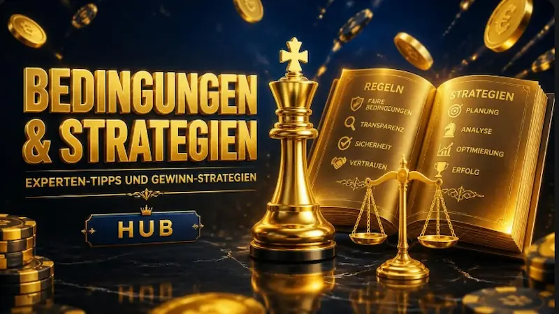 Übersicht für Casino Bonusbedingungen und Strategien – Goldene Schachfigur, Waage und offenes Buch auf dunkelblauem Hintergrund.