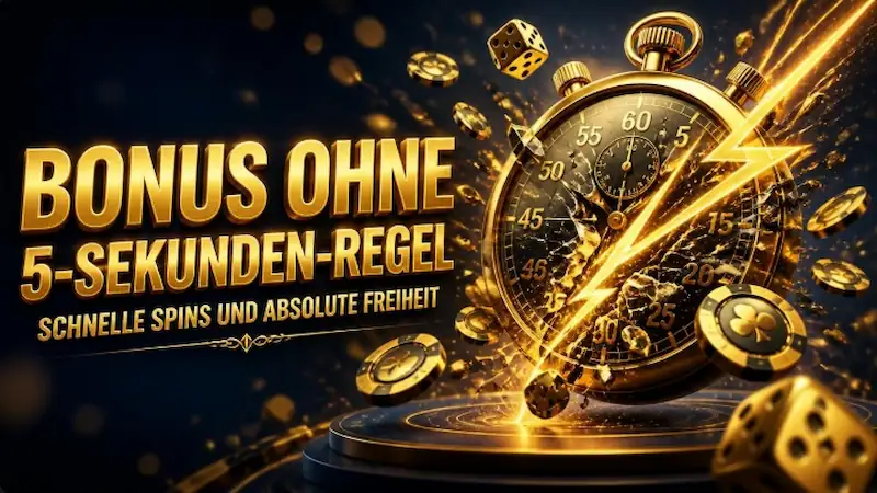 Exklusiver Casino Bonus ohne 5-Sekunden-Regel – Goldene Stoppuhr von Blitz zertrümmert auf dunkelblauem Hintergrund.