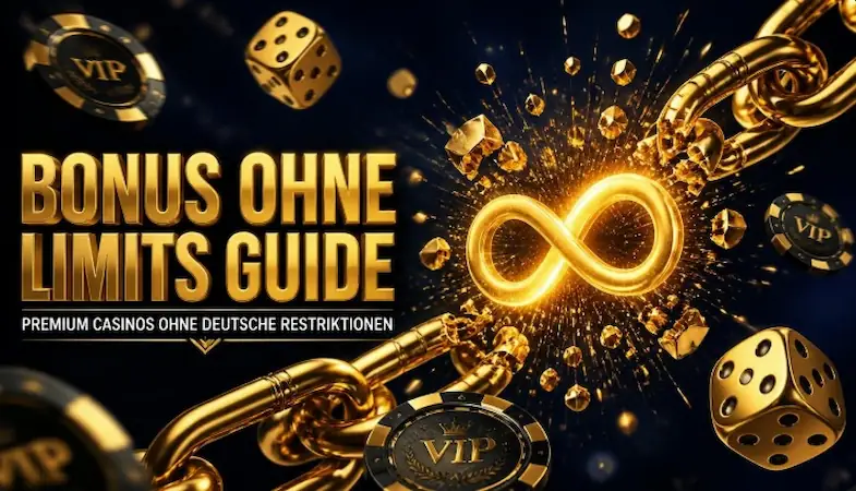 Übersicht aller Casino Bonus Angebote ohne Limits – Eine zerbrochene goldene Kette und Unendlichkeitszeichen auf dunkelblauem Hintergrund.