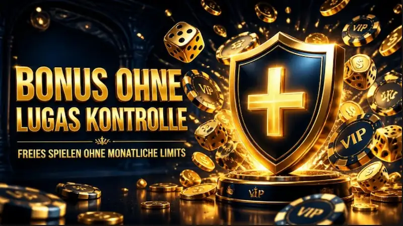 Exklusiver Casino Bonus ohne LUGAS Kontrolle – Goldener Schutzschild mit Plus-Symbol und fliegenden Münzen.