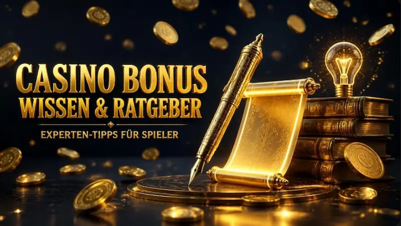 Casino Bonus Wissen und Ratgeber Banner mit 3D Schriftzug Expertentipps für Spieler
