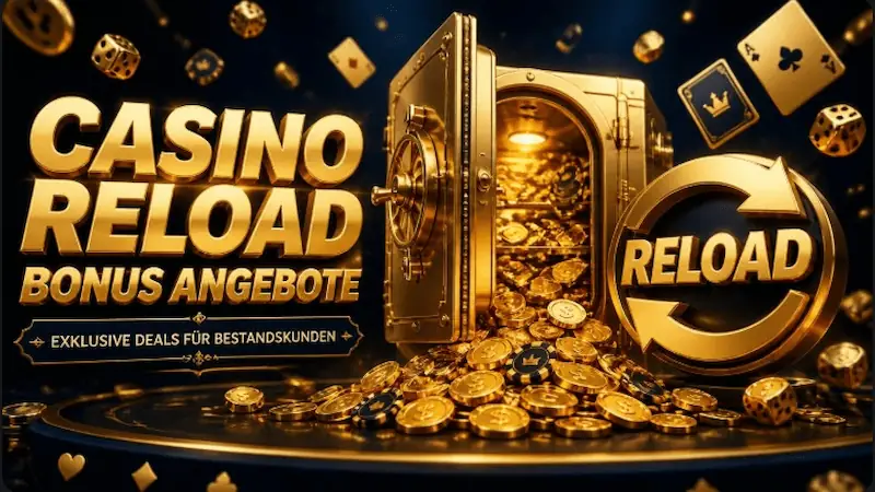 Exklusive Casino Reload Bonus Angebote für Bestandskunden – Goldener Tresor mit Münzen auf dunkelblauem Hintergrund.