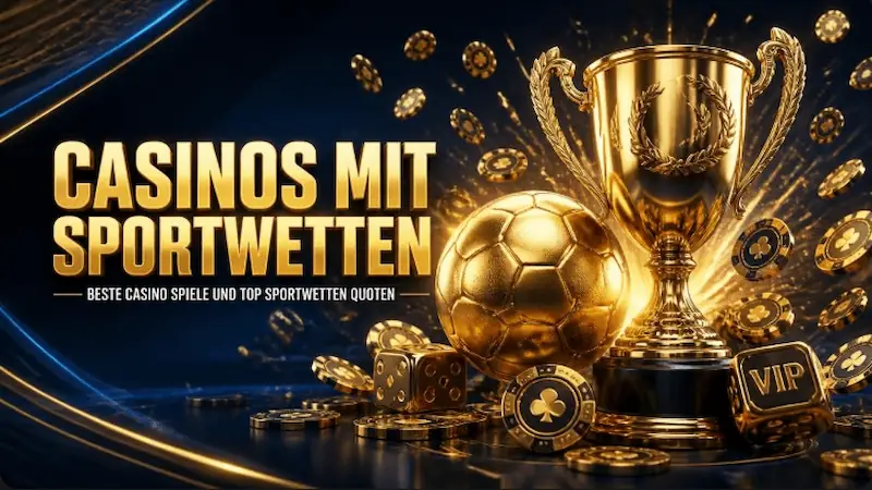 Premium Online Casinos mit Sportwetten – Ein glänzender goldener Fußball und ein Meisterschaftspokal neben fliegenden Casino-Jetons auf dunkelblauem Luxus-Hintergrund.