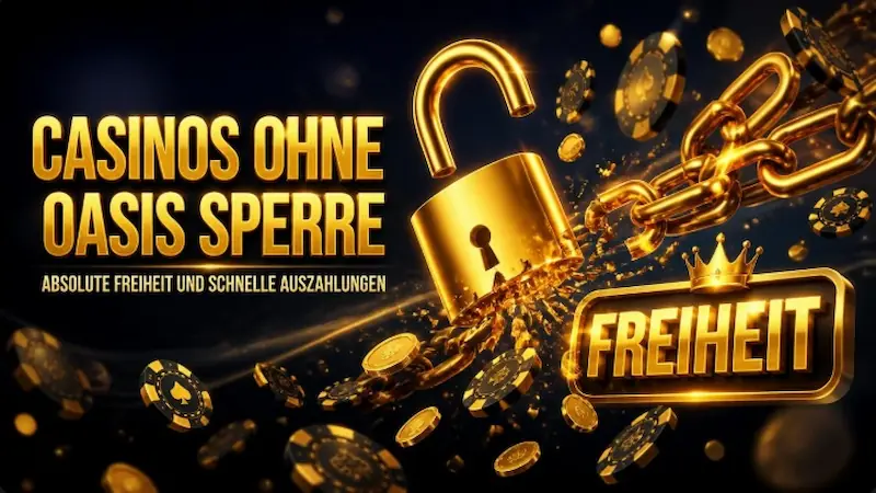 Seriöse Online Casinos ohne OASIS Sperrsystem – Ein geöffnetes goldenes Vorhängeschloss mit fliegenden Jetons und Euro-Münzen auf dunkelblauem Hintergrund.