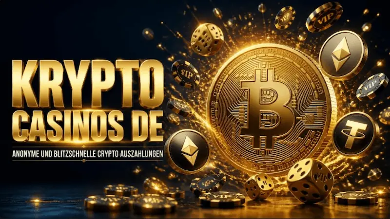 Beste Krypto Casinos im Test – Eine luxuriöse goldene Bitcoin-Münze umgeben von fliegenden Ethereum- und USDT-Symbolen auf dunkelblauem Premium-Hintergrund.