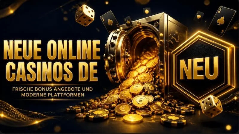 Neue Online Casinos im Test – Eine geöffnete goldene Schatztruhe voller leuchtender Euro-Münzen und VIP-Chips auf dunkelblauem Hintergrund.
