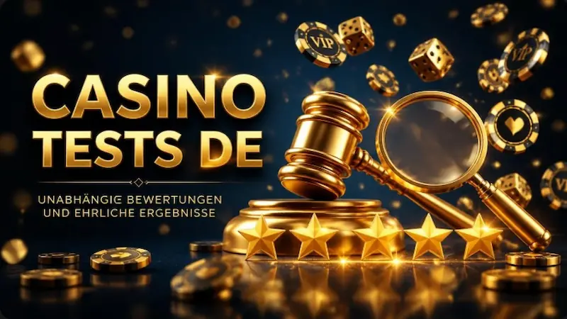 Unabhängige Online Casino Tests – Ein goldener Richterhammer und eine Lupe auf einem luxuriösen dunkelblauen Hintergrund mit Casino-Chips und funkelnden Bewertungssternen.