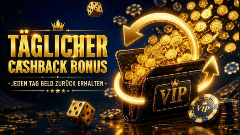 Exklusiver täglicher Cashback Casino Bonus – Goldener VIP-Geldbeutel mit einer Rückenschleife aus Münzen.